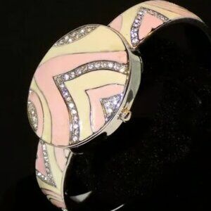 Vintage Rare Narmi Enamel Rhinestone Bracelet Watch with Case Cover MOP, Runs